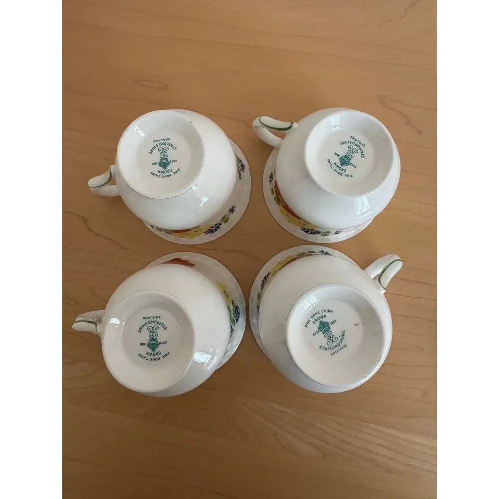 Vintage Crown Staffordshire English Garden Bone China Set of 4 Teacups/ Plates